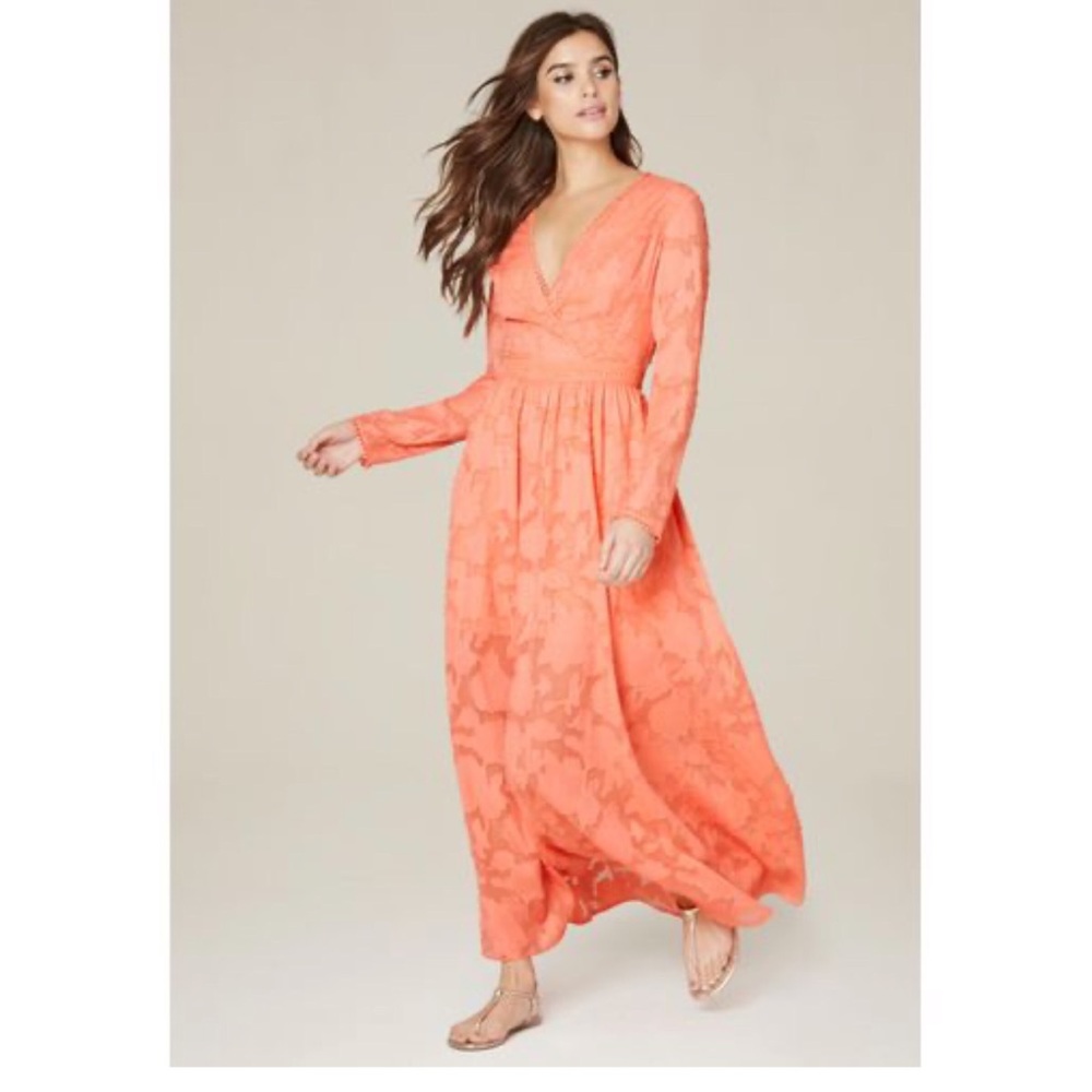 BEBE Coral Orange Jaquard Maxi Dress